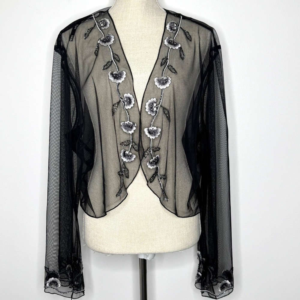 Xscape Woman Sheer Mesh Cardigan Beads and Embroidery Size‎ 22 Black